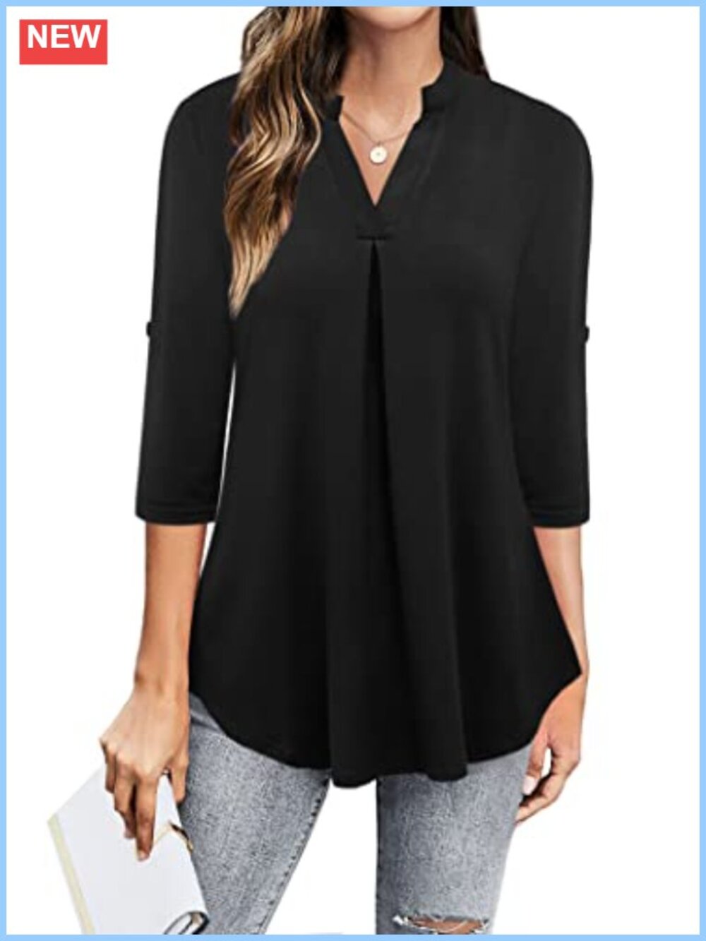 Womens 3/4 Sleeve V Neck Chiffon Blouse Dressy Casual Work Tunic Top